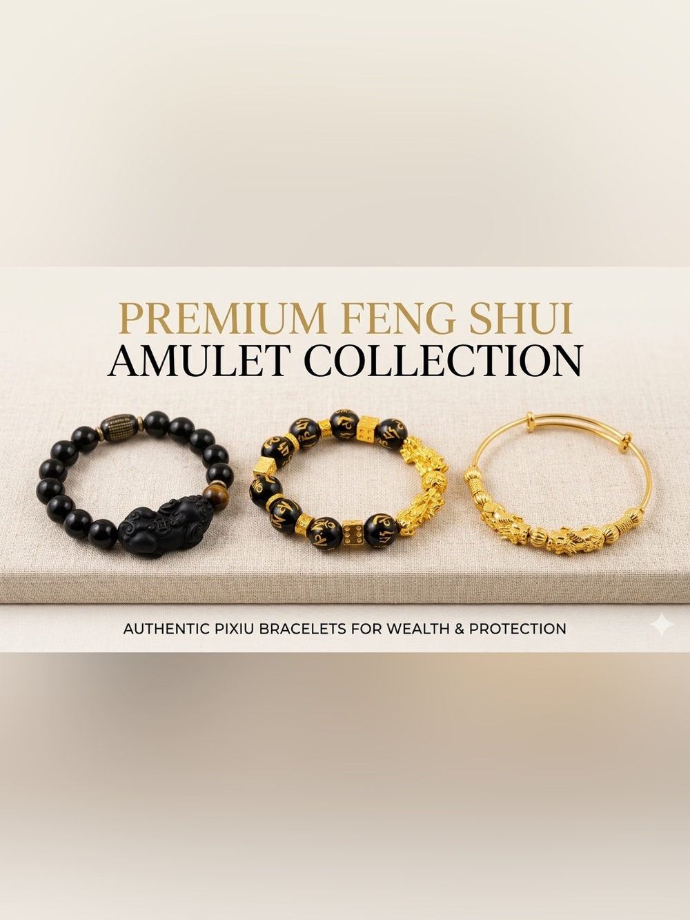 Feng Shui Protection & Wealth Bracelet Lot - Pixiu & Mantra 3pc Set Size 7/7.25